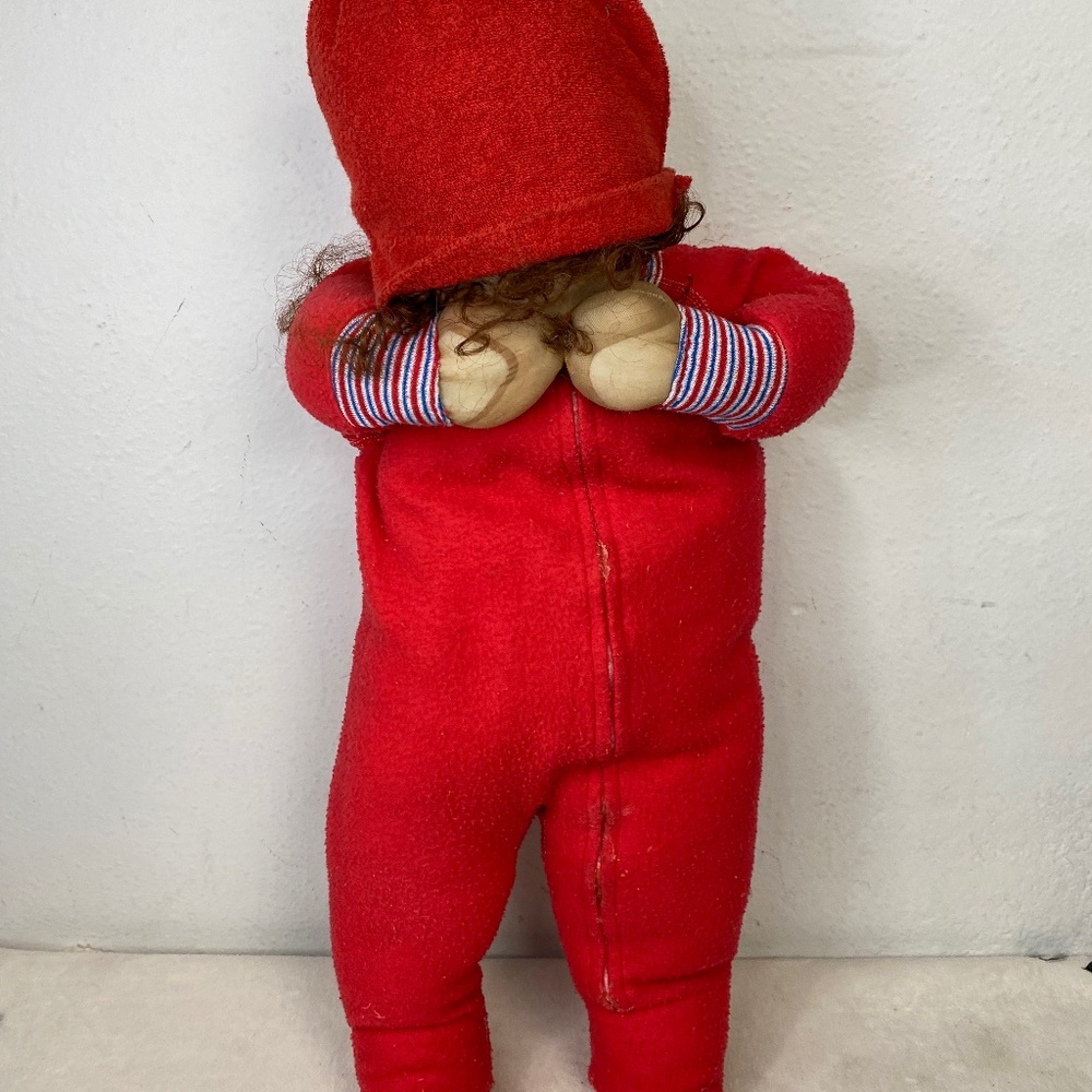 Vintage Lifelike Hide & Seek Time Out Girl Red Zip up Feet Pajamas Curl Hair 27”